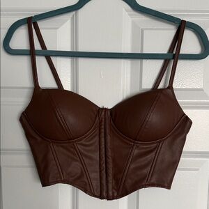Windsor Brown Faux Leather Longline Bustier Crop Top